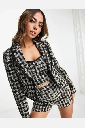 Miss Selfridge Cropped blazer i sorte og hvide tern i boucle - Del af sæt