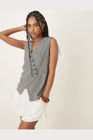 Abercrombie & Fitch Sort longline asymmetrisk vest i hør med gingham-tern