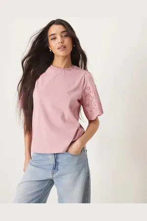 Y.A.S Hvid T-shirt med brodede ærmer-Lyserød