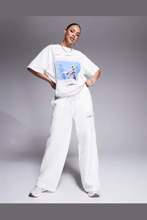 ASOS Weekend Collective - Joggingbukser med brede ben og tekstur samt løbegrafik - Del af sæt-Hvid