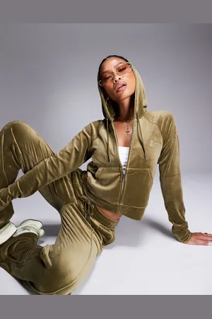 Juicy Couture Mørk olivengrøn hættetrøje i velour med lynlås - Del af sæt