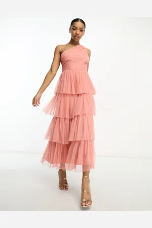 ANAYA Lagdelt midaxi-kjole med oneshoulder-snit i koralfarve-Orange