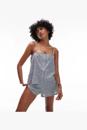 MANGO Pyjamassæt med cami-top og shorts med grønne striber i bæk-og-bølge-stof