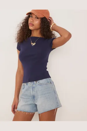 Gina Tricot Mørk marineblå ribstrikket Slim Fit-top med bådudskæring og korte ærmer