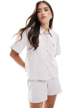 JJXX Pink oversized cropped skjorte med striber - Del af sæt-Lyserød