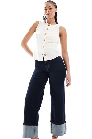 ONLY Indigoblå cropped jeans med vide ben og opsmøgne kanter-Marineblå