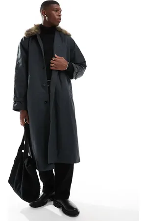 Weekday Wade - Sort oversized trenchcoat med krave i imiteret pels