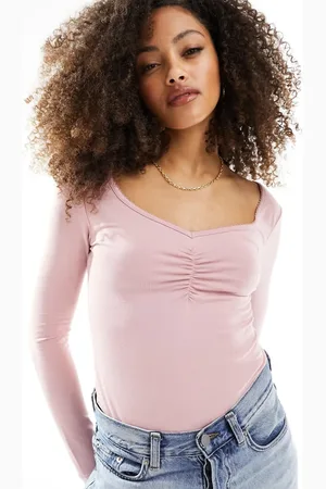 ASOS Pink langærmet bodystocking med firkantet hals og rynker foran-Lyserød