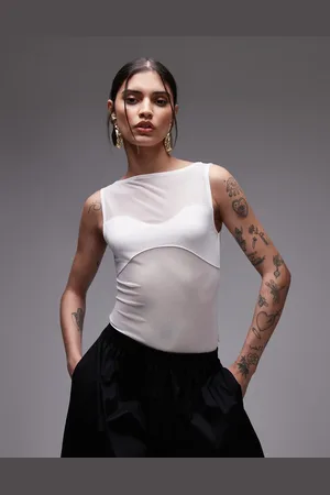 ASOS Ecrufarvet bodystocking i mesh med paneldesign i blandede stoffer-Hvid