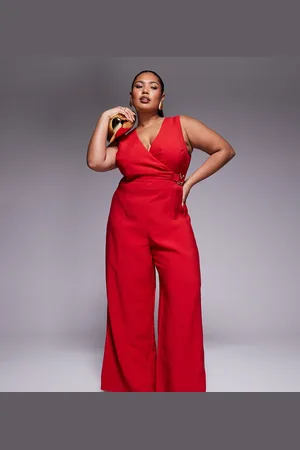 ASOS ASOS DESIGN Curve - Rødt jumpsuit med slå-om-snit foran og udskærings- og spændedetaljer