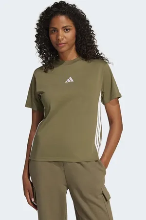 adidas Essentials - Olivengrøn T-shirt i bomuld med 3 hvide striber og logo