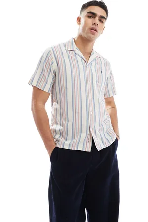 Ralph Lauren Hvid-/pink-stribet skjorte med korte ærmer og logoikon i klassisk og oversized pasform i chambray