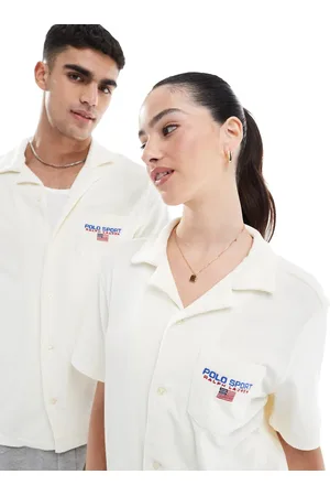Ralph Lauren Sport Capsule - Cremehvid skjorte med korte ærmer og lille logo i let bomuldsfrotté