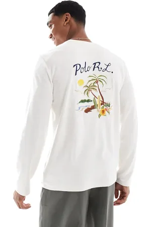 Ralph Lauren Cremehvid T-shirt med lange ærmer og logobroderi i bomuldsfrotté