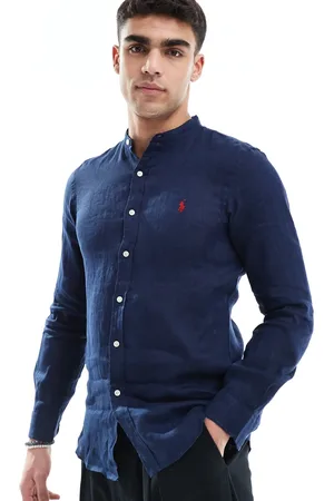 Ralph Lauren Skjorte med grandad-krave og ikonlogo i hør i slim fit