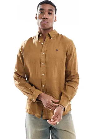 Ralph Lauren Gyldenbrun og figursyet hørskjorte med logoikon