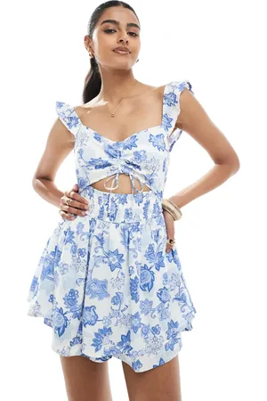 Hollister Playsuit med flagrende ærmer og udskæring i blåt blomstermønster