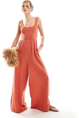 ASOS Rustrød jumpsuit med vide ben og dyb rund hals-Kobber