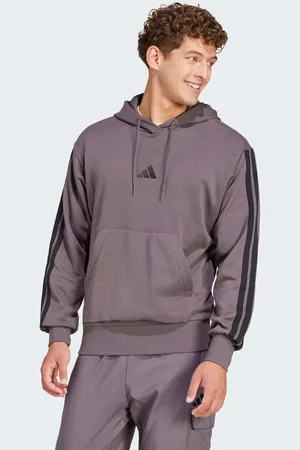 adidas Essentials - Meleret mellemgrå og sort hættetrøje med 3 striber i fransk terry-materiale