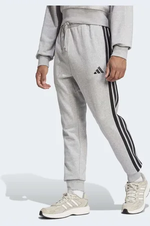 adidas Essentials - Meleret mellemgrå og sorte bukser med 3 striber i fransk terry-materiale