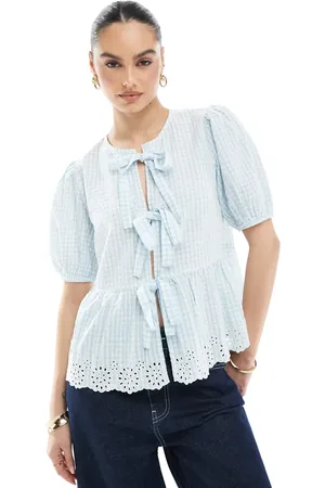 New Look Blå top med gingham-tern og bindebånd foran