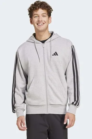 adidas Essentials - Gråmeleret hættetrøje med frotté-for, 3 sorte striber og fuld lynlås