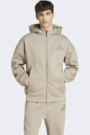 adidas Z.N.E - Grå-beige træningsjakke med hætte og gennemgående lynlås