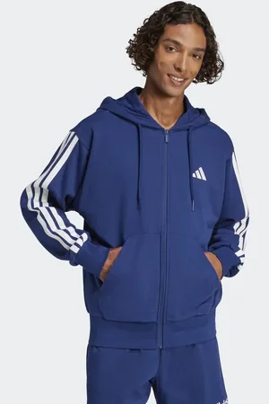 adidas Essentials - Mørkeblå hættetrøje med frotté-for, 3 hvide striber og gennemgående lynlås