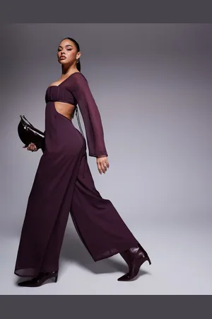 ASOS Bærfarvet jumpsuit i satin med korset-bryst, brede ben og udskæringer-Lilla
