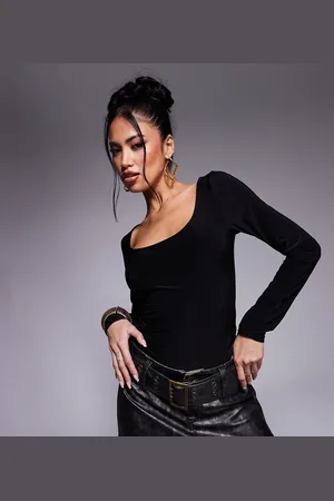 Fashionkilla Stram og formgivende bodystocking i dobbeltlag med dyb rund hals og lange ærmer - Kun hos ASOS