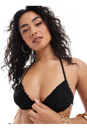 Daisy Street Sort bikinitop med bindebånd foran, flæsedetalje og broderi