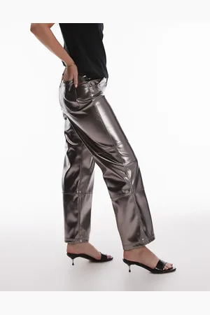 Topshop Hourglass - Metallisk gunmetal-farvede bukser med lige ben i imiteret læder-Ingen farve