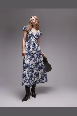 & OTHER STORIES Blå maxikjole med blomsterprint i porcelænsstil og niveauinddelt sømkant samt flæser