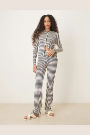 ASOS Strikkede bukser med vide ben og blå og gule striber - Del af sæt