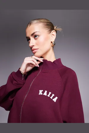 Kaiia Oversized bomber-jakke med lynlås og kontrasterende logo i sweat-stof - Del af sæt-Rød
