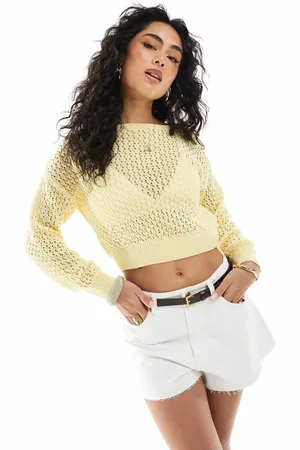 Miss Selfridge Citrongul hæklet top med lige hals og lange ærmer