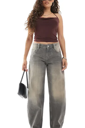 Bershka Petite - Vasket grå posede løstsiddende jeans