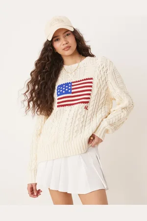 Ralph Lauren Cremehvid kabelstrikket trøje med flaglogo