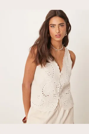 ASOS Vest i hørblandingsmateriale med bølgekant og broderi-Neutral