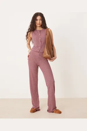 ASOS Pink og bordeaux strikkede bukser med vide ben og striber - Del af sæt