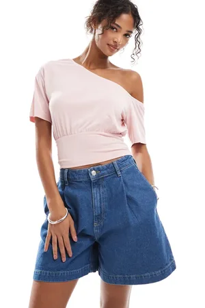 ASOS Mellemvaskede dad-shorts med plisseringer i denim-Blå