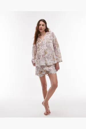 MANGO Lyserøde pyjamasshorts med botanisk print i bomuld - Del af sæt