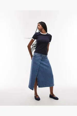 ARKET Blå midi-denimnederdel i mellemvask med slå-om-design