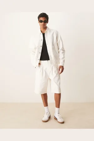 ASOS Ecrufarvede cargo-jorts med dobbelte plisseringer i denim i længere længde - Del af sæt-Neutral