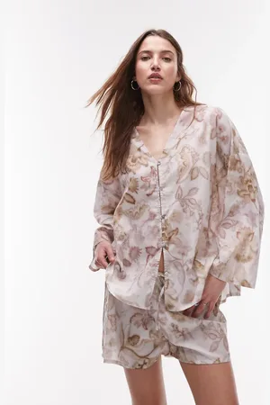 MANGO Pyjamasskjorte med botanisk print i bomuld - Del af sæt