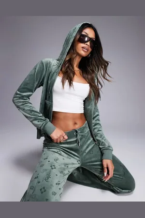 Juicy Couture Kakigrøn hættetrøje med gennemgående lynlås og indpræget monogramlogo i velour - Del af sæt