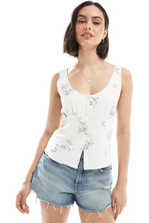 Hollister Top med lav halsudskæring, knapper og blåt blomstermønster i hørblanding