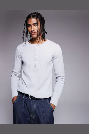 ASOS Gråmelerede ribstrikket T-shirt med henley-hals og lange ærmer i tætsiddende pasform