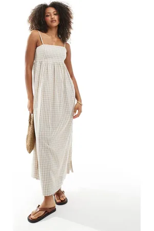 Daisy Street Maxikjole med bindebånd på ryggen og beige gingham-tern-Neutral