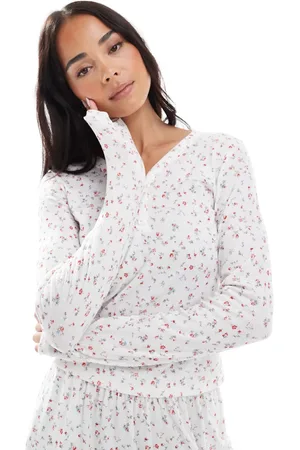 Daisy Street Pyjamastop med knapper og småblomstret print-Hvid
